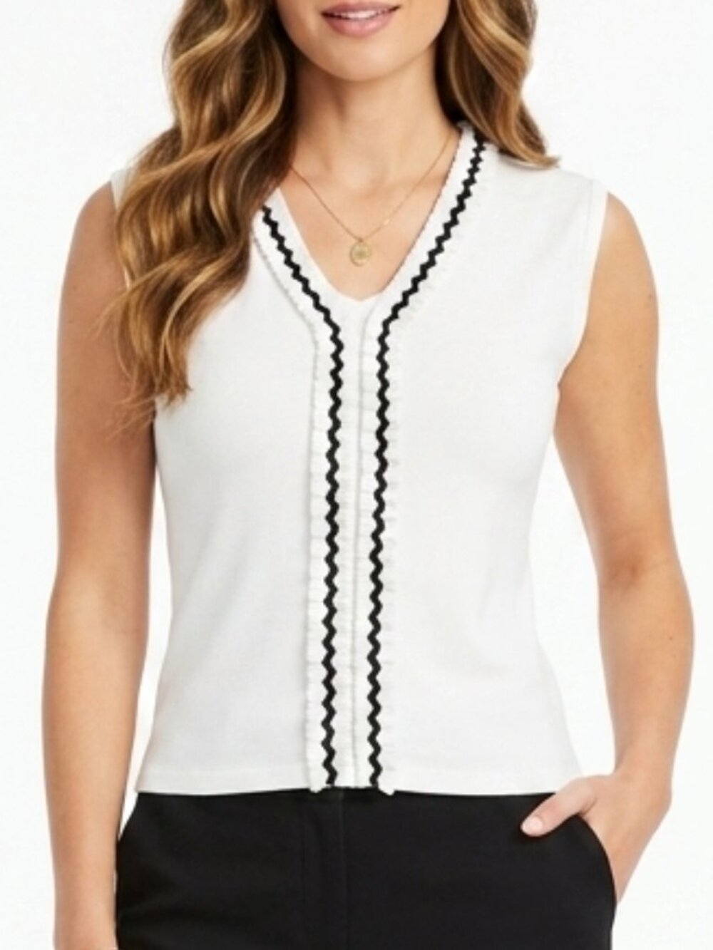 Vintage White Ruffle Blouse Sleeveless Sheer Black Trim Romantic Victorian S
